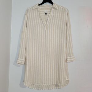 Universal Thread Tan & White Striped Linen Blend Long Sleeve Shirt Dress. Size M